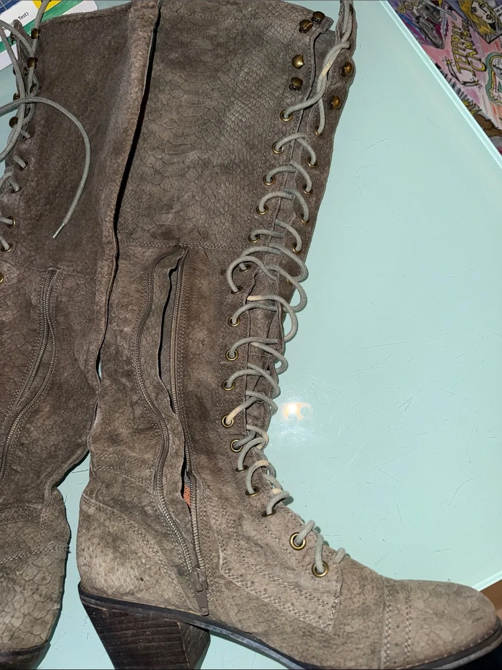 Jeffrey Campbell Over-the-Knee Lace-Up Boots in Taupe Suede